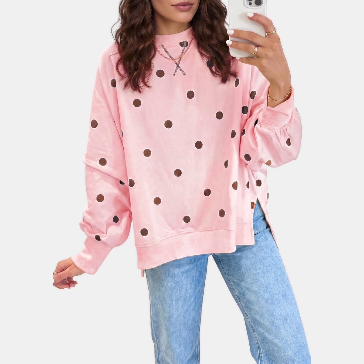 Women's Oversized Crewneck Polka Dot Bow Detail Sweatshirt