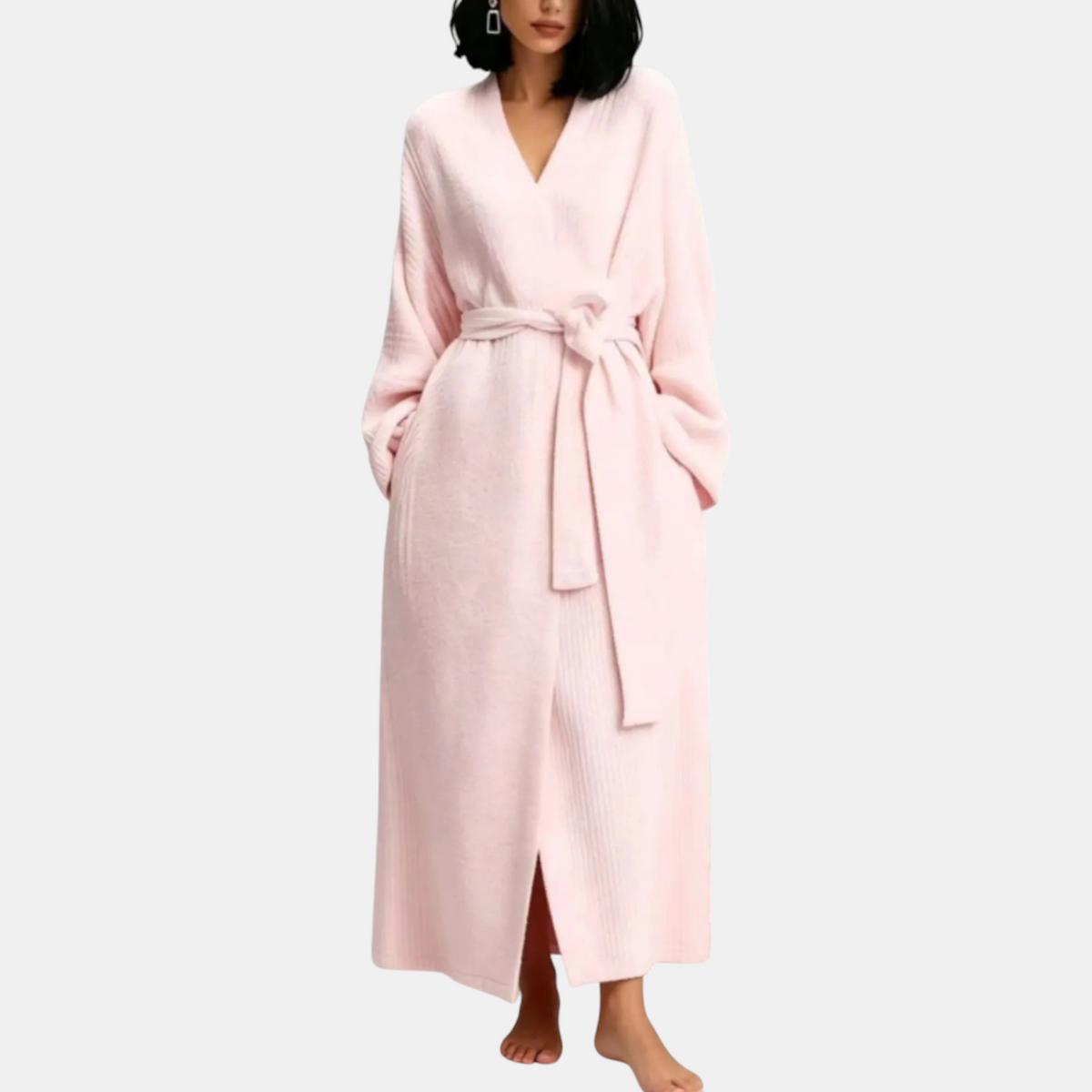Women's Ribbed Knit Wrap Robe with Self Tie Belt Maxi