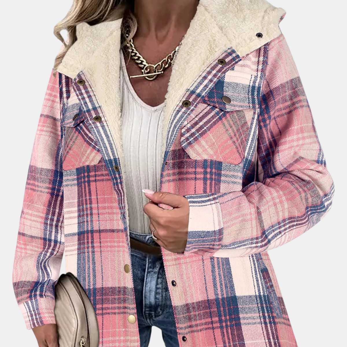 Women's Faux Fur Hooded Flannel Snap Button Shacket
