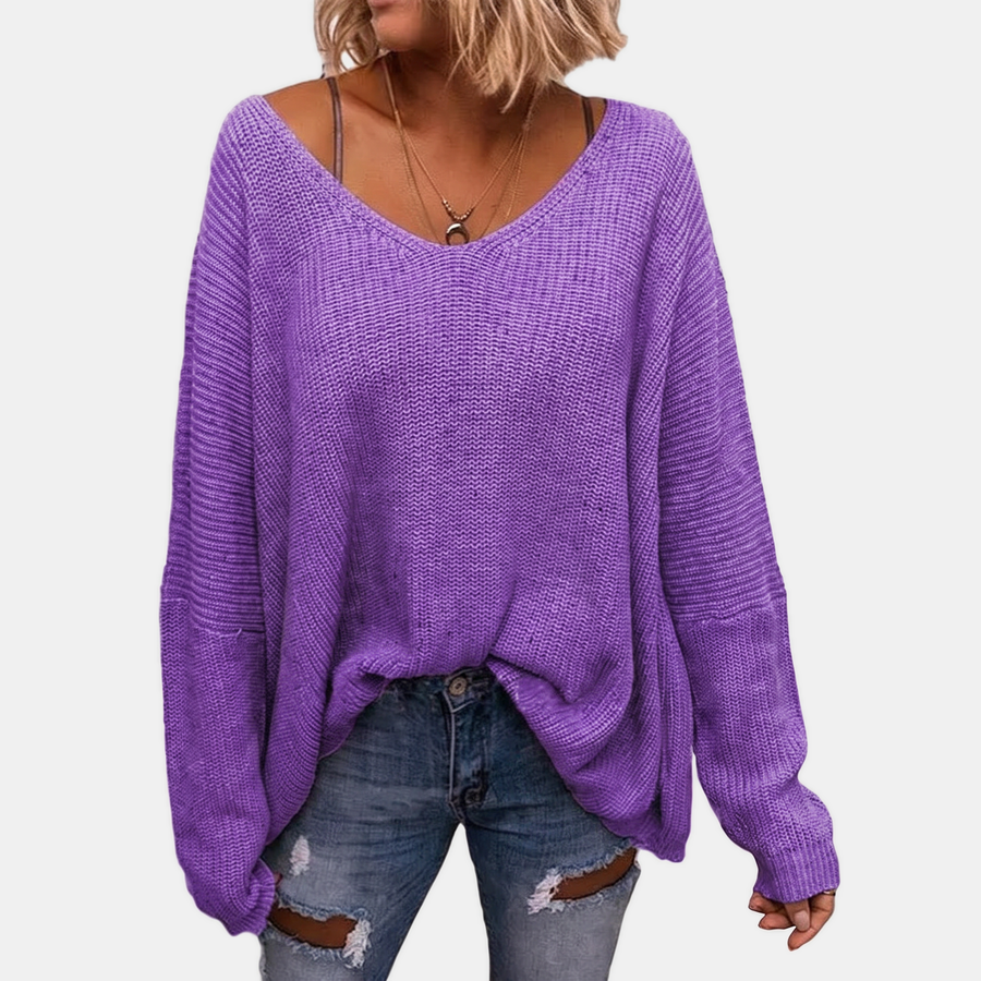 Women's Oversized V-Neck Batwing Sleeve Chunky Ribbed Knit Sweater