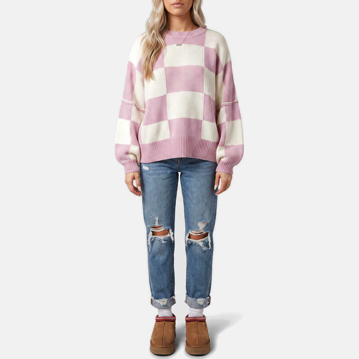 Women's Oversized Balloon Sleeve Checkered Knit Sweater