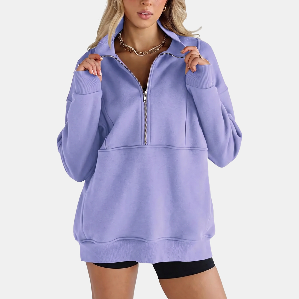 Women's Oversized Half Zip Fleece Sweatshirt with Ribbed Elbow Panels