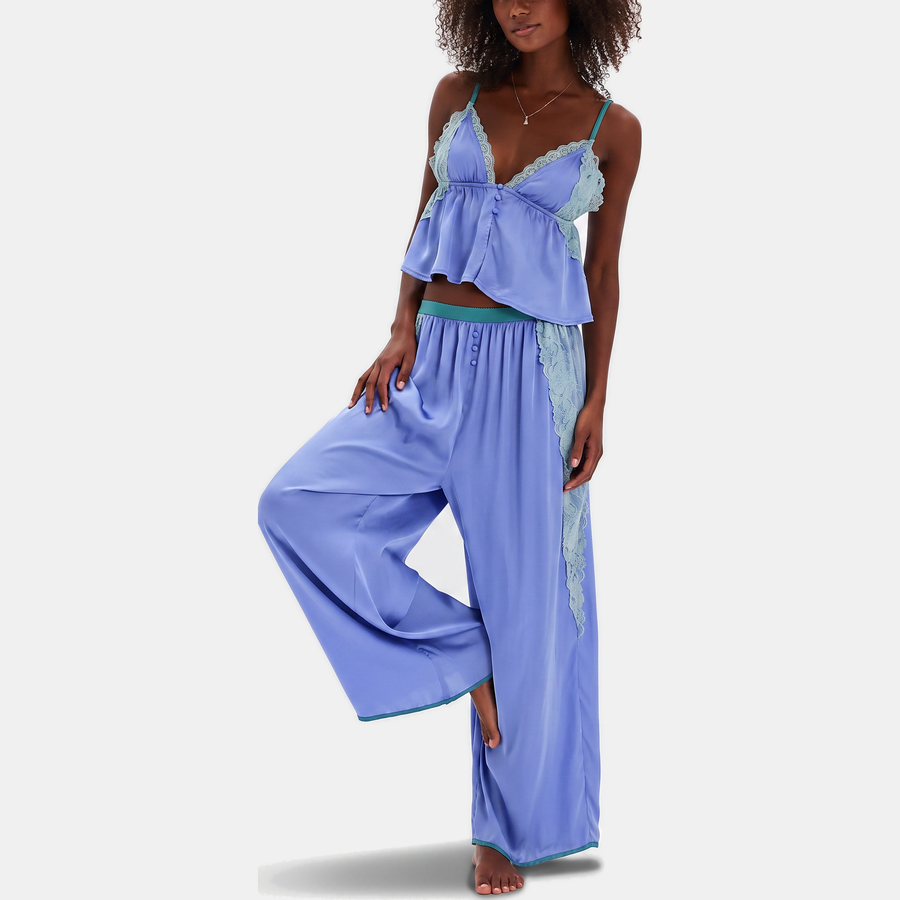 Women's Satin Lace Trim Pajama Set Wide Leg Trousers