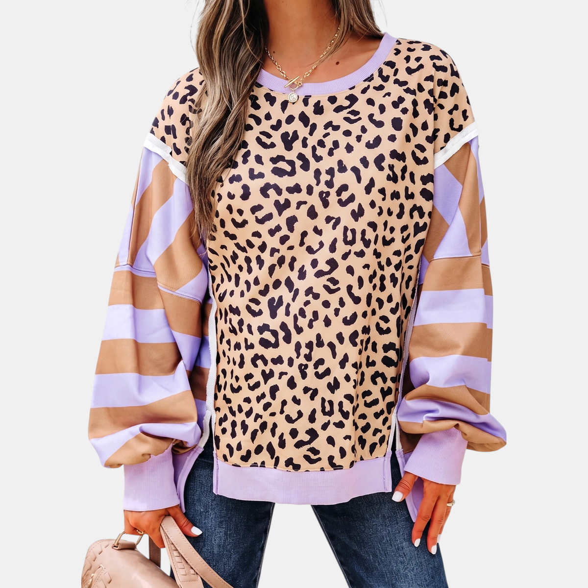 Women's Balloon Sleeve Crewneck Colorblock Sweatshirt