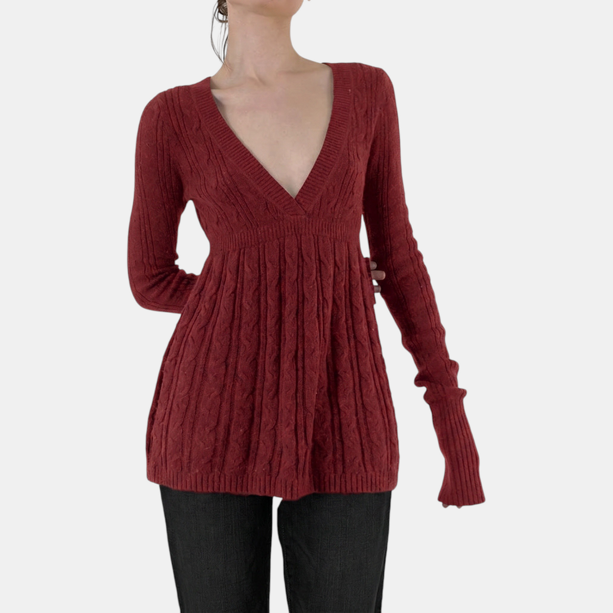 Women's Cable Knit Sweater Empire Waist A Line Flared Midi
