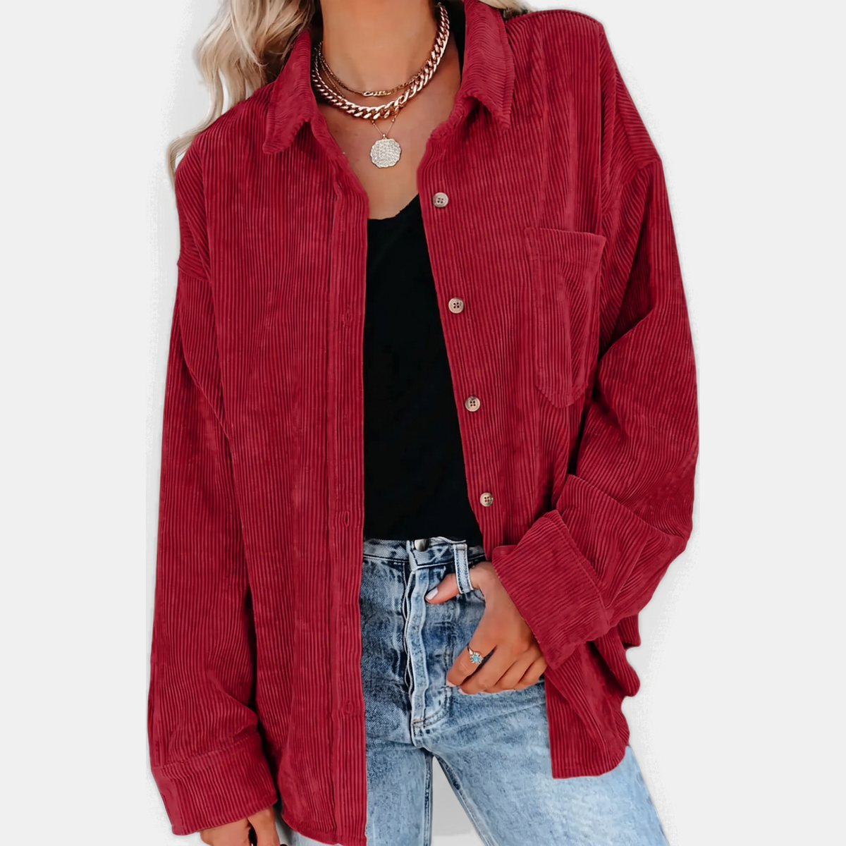 Women's Corduroy Button Front Oversized Long Sleeve Shacket