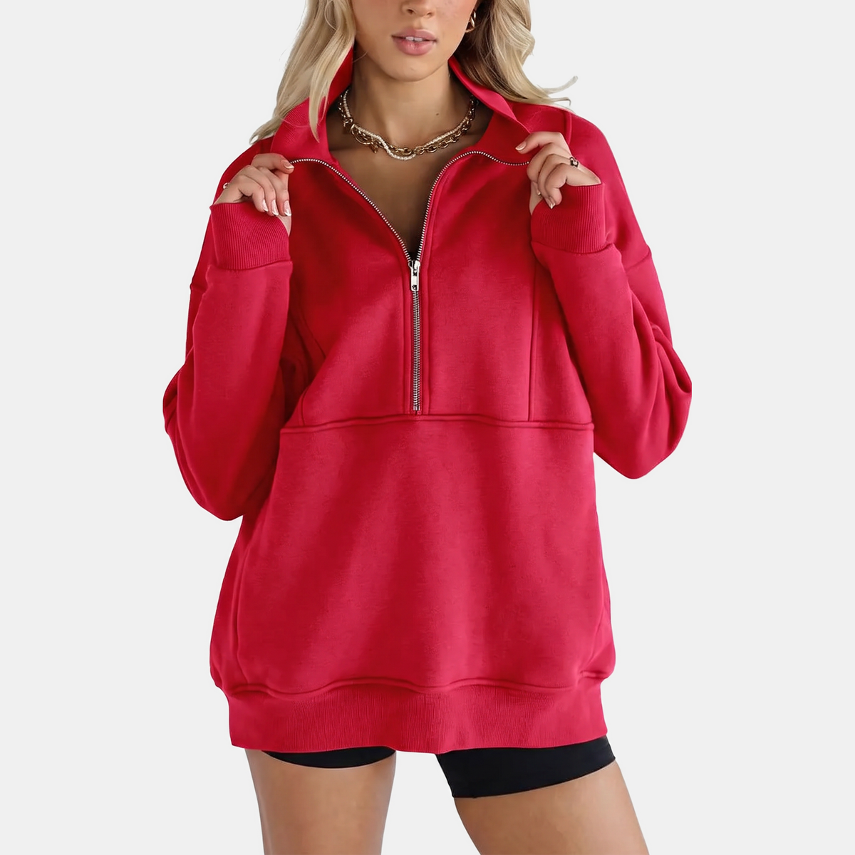 Women's Oversized Half Zip Fleece Sweatshirt with Ribbed Elbow Panels