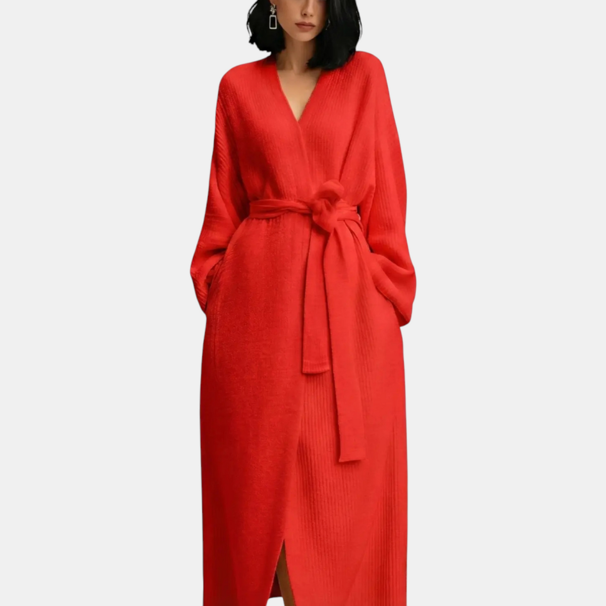 Women's Ribbed Knit Wrap Robe with Self Tie Belt Maxi