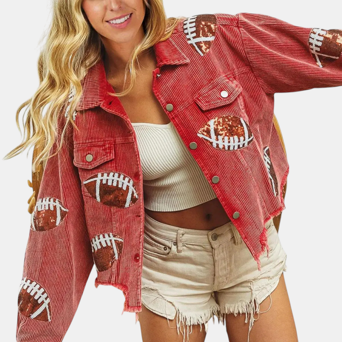 Women's Sequin Football Patch Cropped Corduroy Jacket