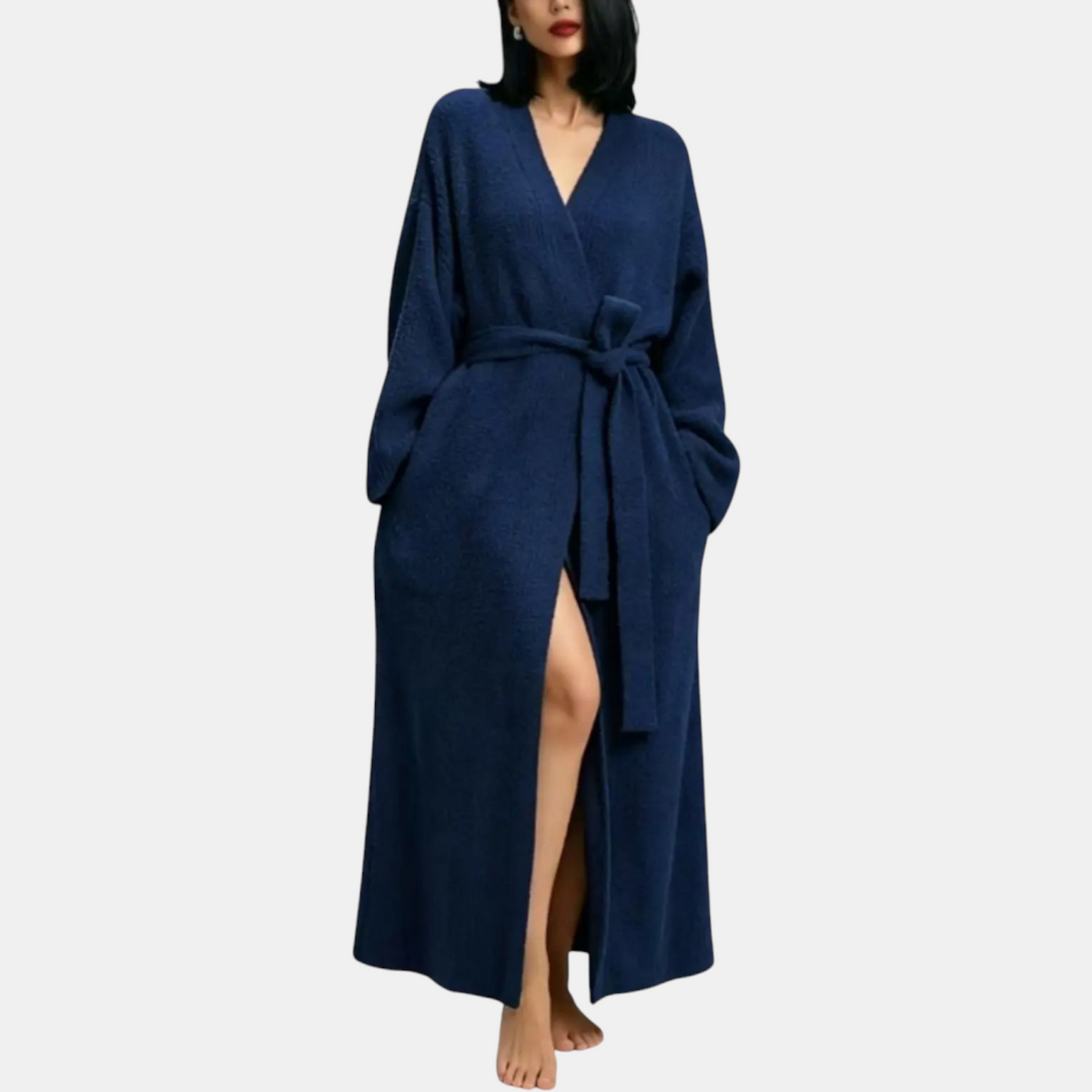 Women's Ribbed Knit Wrap Robe with Self Tie Belt Maxi