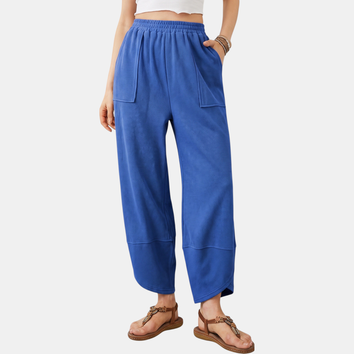 Women's Wide Leg Ribbed Knit Cropped Trousers with Patch Pockets