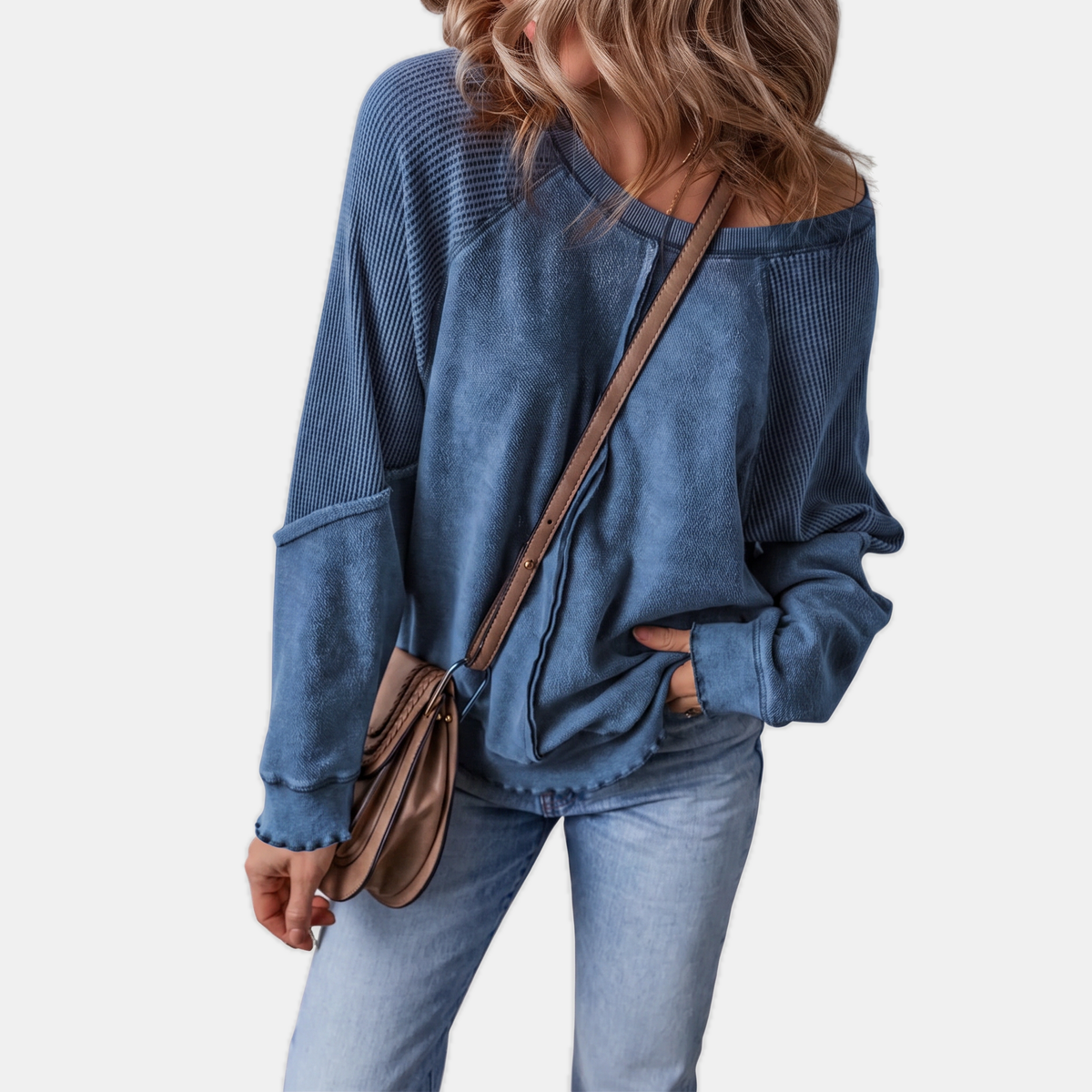 Women's Oversized Waffle Knit Sweater with Lettuce Hem