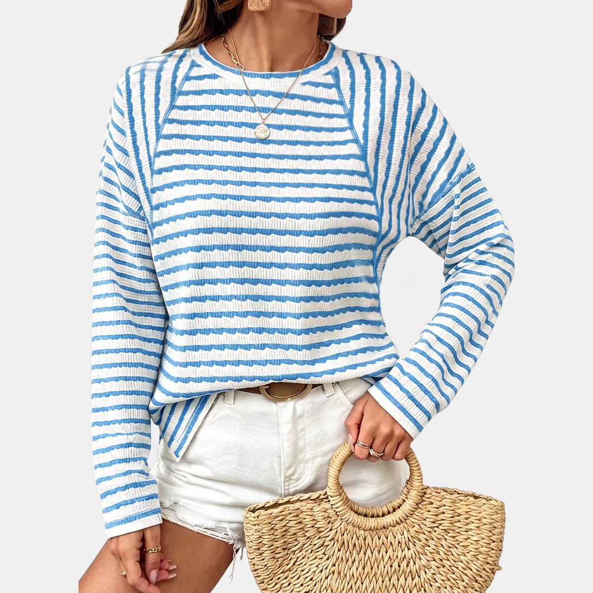 Women's Striped Crewneck Relaxed Raglan Pullover Sweatshirt
