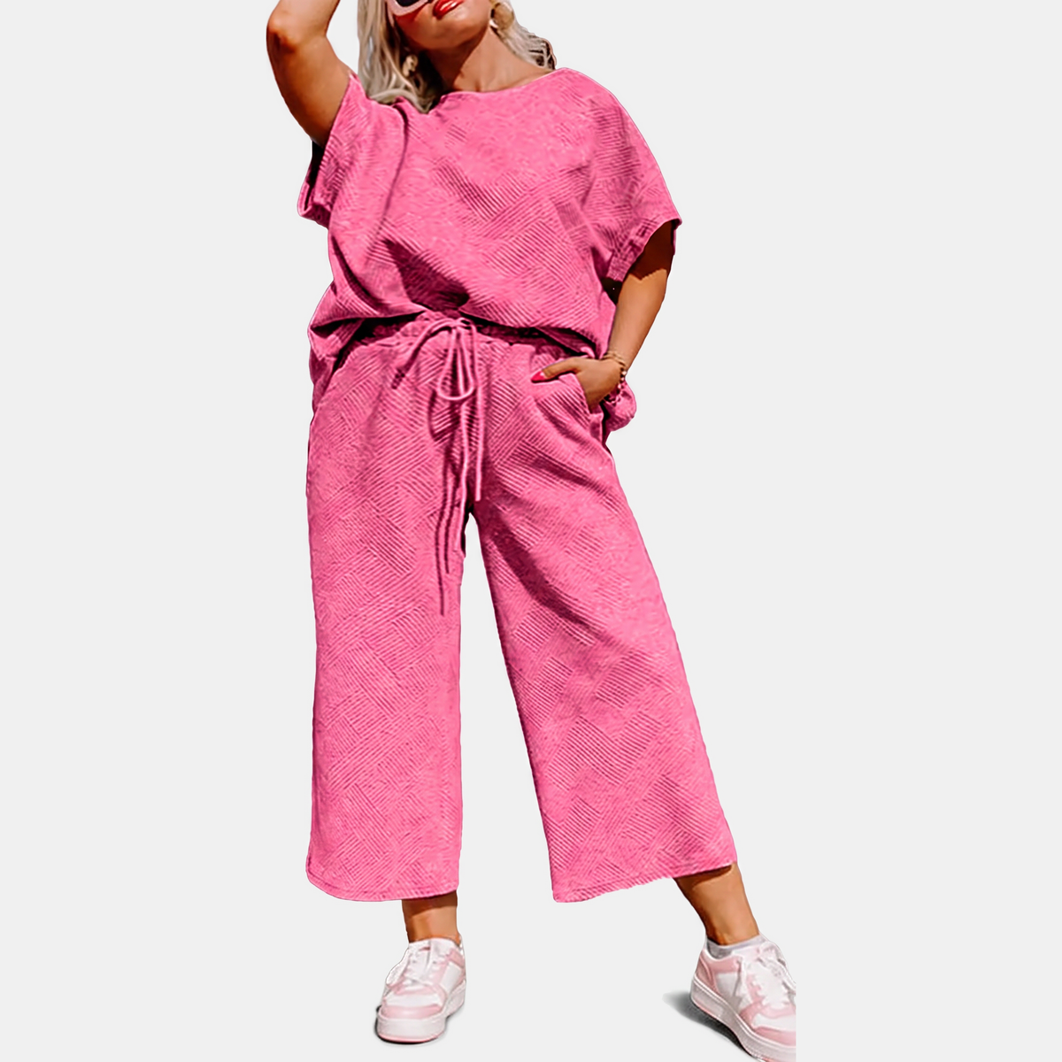 Women's Textured Drawstring Wide Leg Lounge Set