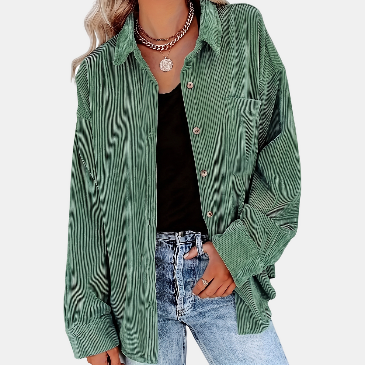 Women's Corduroy Button Front Oversized Long Sleeve Shacket