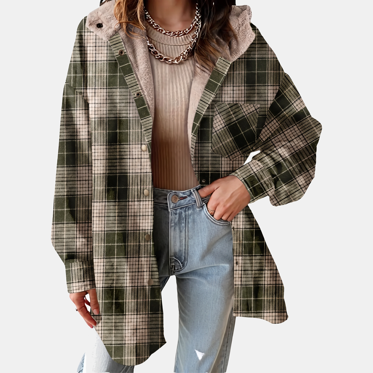 Women's Flannel Hooded Plaid Shacket Fleece Lined Coat