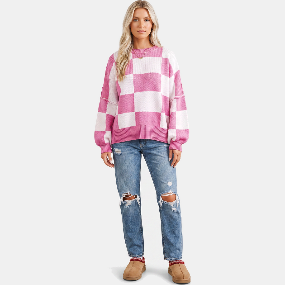 Women's Oversized Balloon Sleeve Checkered Knit Sweater