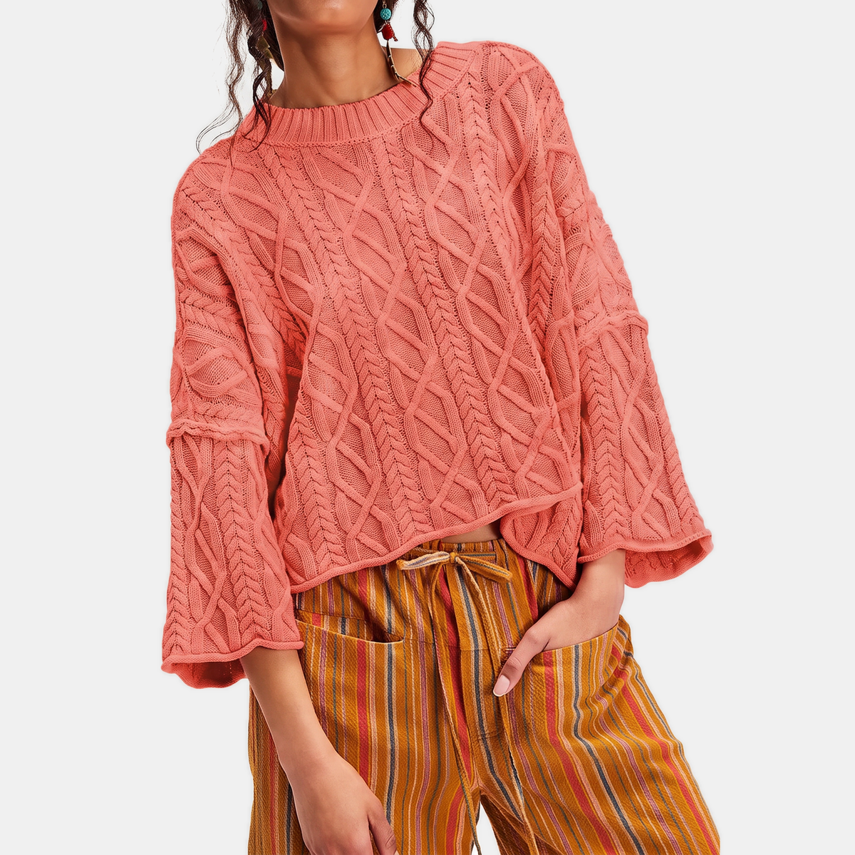 Women's Cable Knit Cropped Sweater Bell Sleeve Pullover