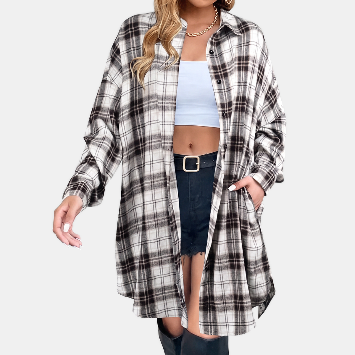 Women's Flannel Button Front Longline Plaid Shirt