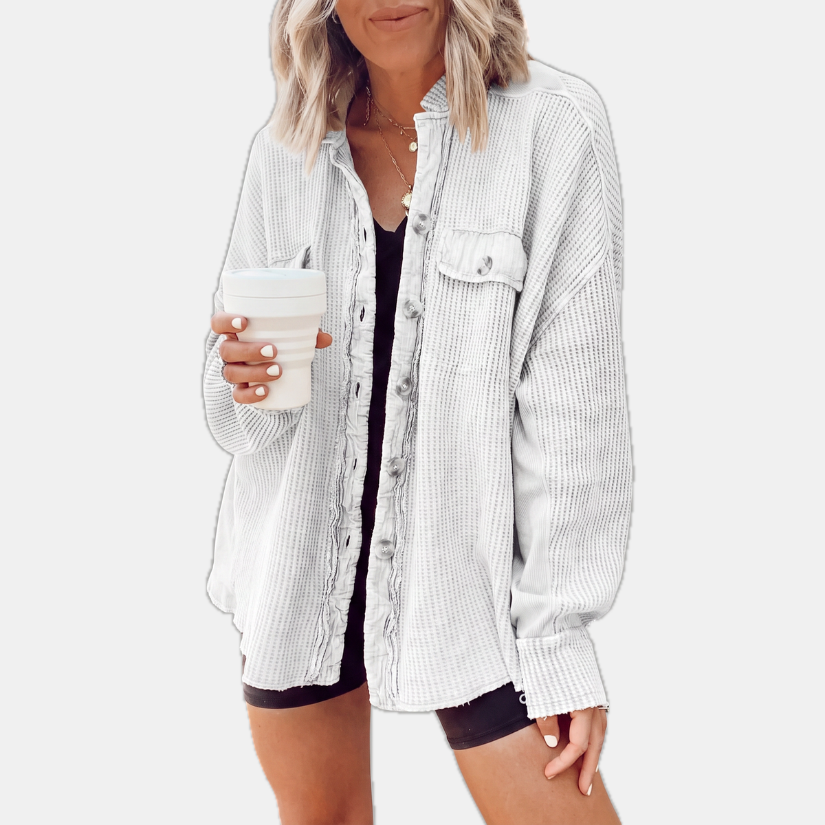 Women's Waffle Knit Raw Hem Button Front Oversized Shacket