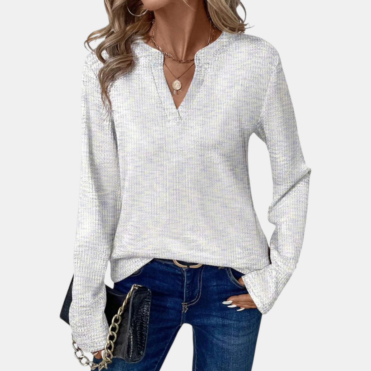 Women's Shimmer Ribbed Knit Notch V-Neck Sweater Top