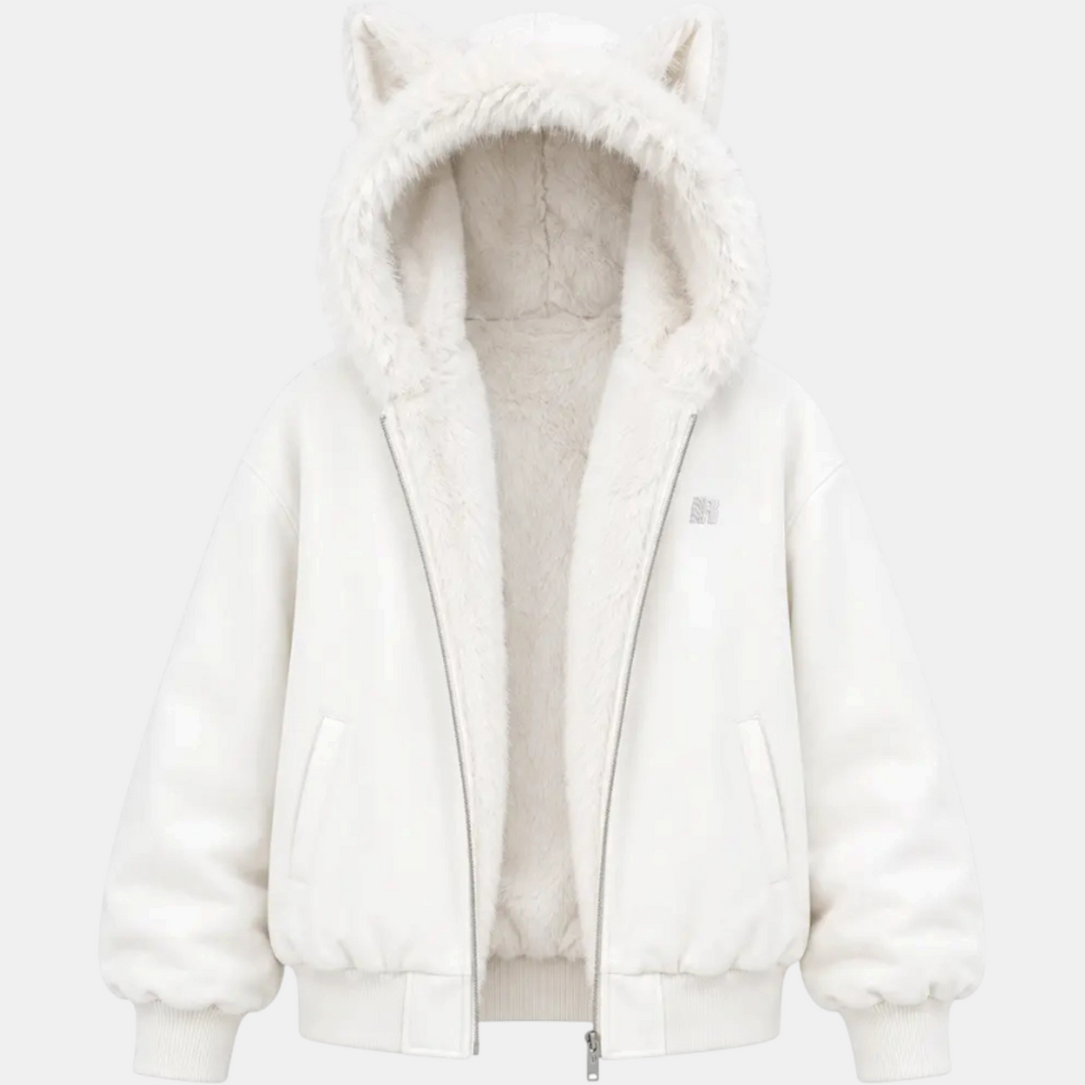 Women's Faux Fur Lined Hooded Bomber Jacket with Cat Ear Hood