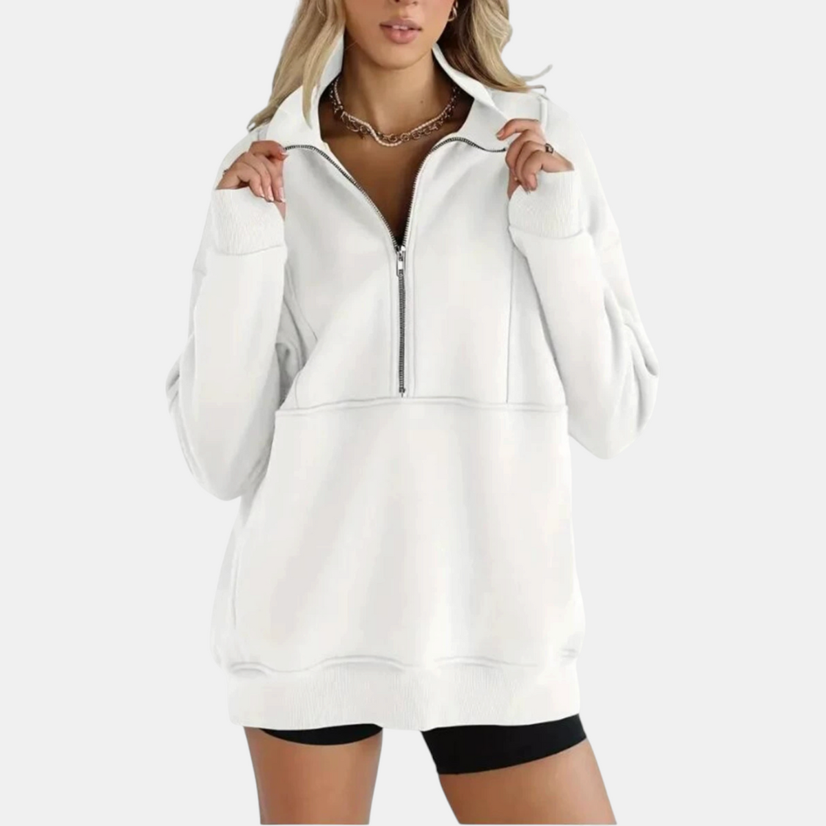 Women's Oversized Half Zip Fleece Sweatshirt with Ribbed Elbow Panels