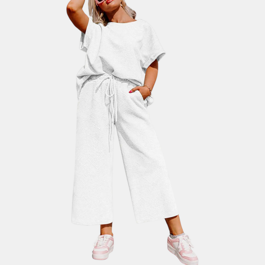 Women's Textured Drawstring Wide Leg Lounge Set
