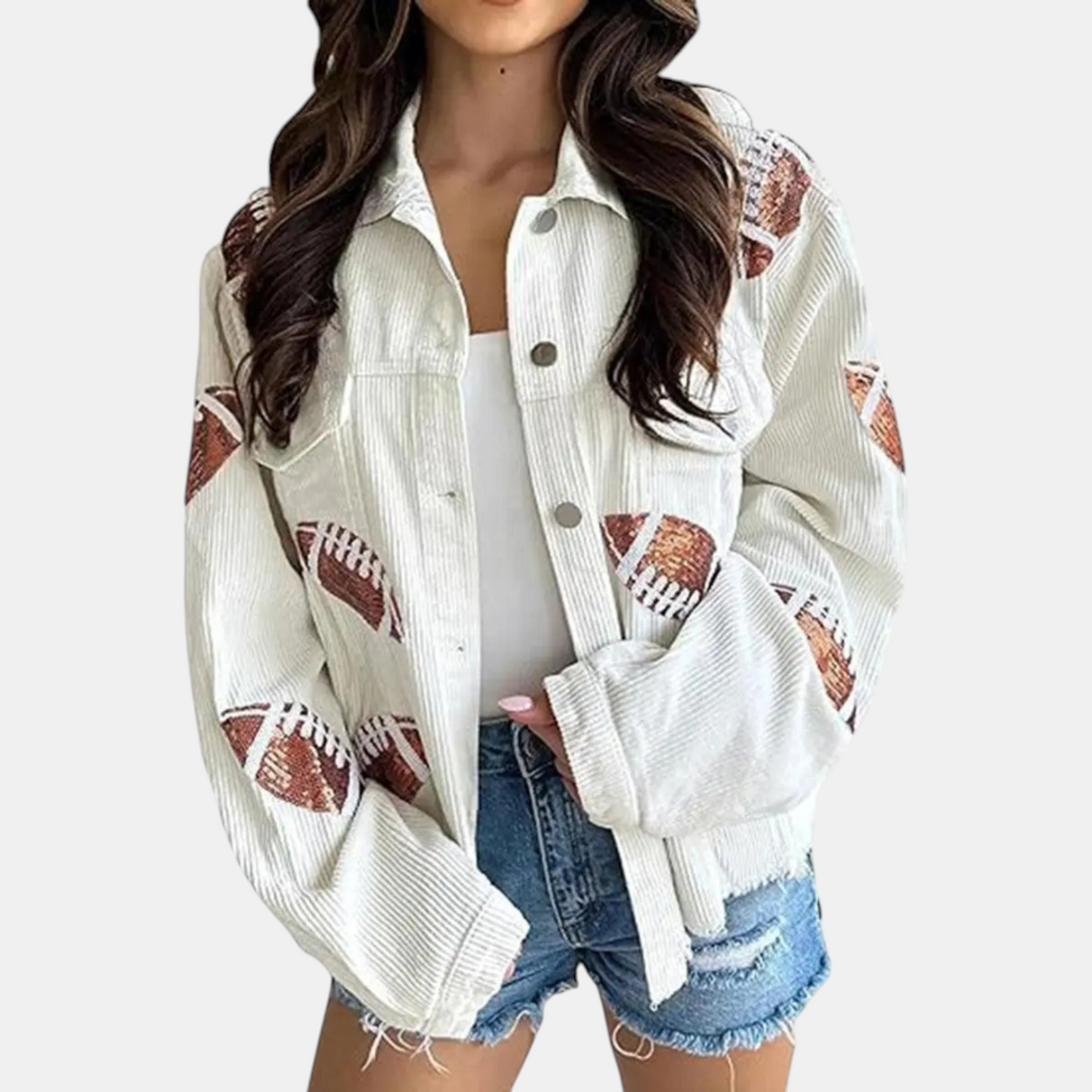 Women's Sequin Football Patch Cropped Corduroy Jacket