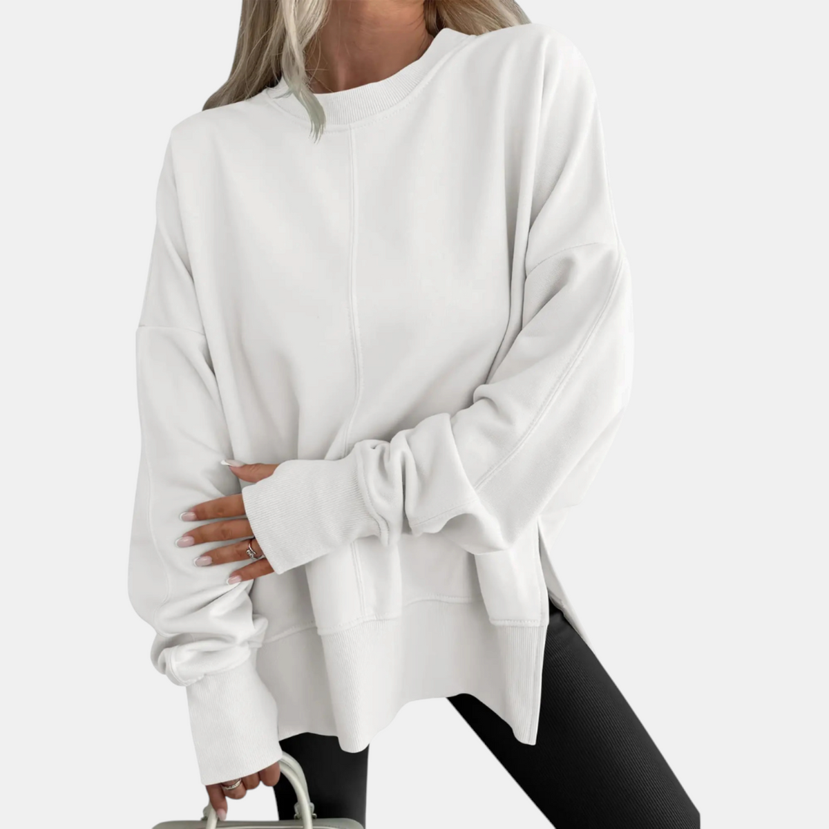 Women's Oversized Crewneck Sweatshirt Drop Shoulder Side Slit Hem
