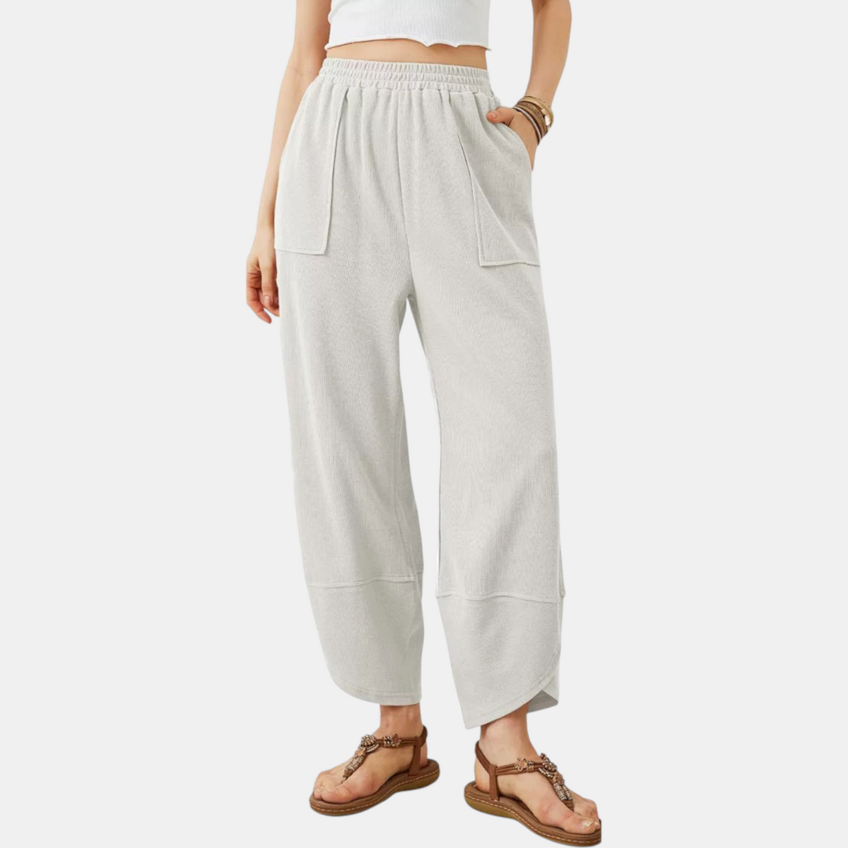 Women's Wide Leg Ribbed Knit Cropped Trousers with Patch Pockets