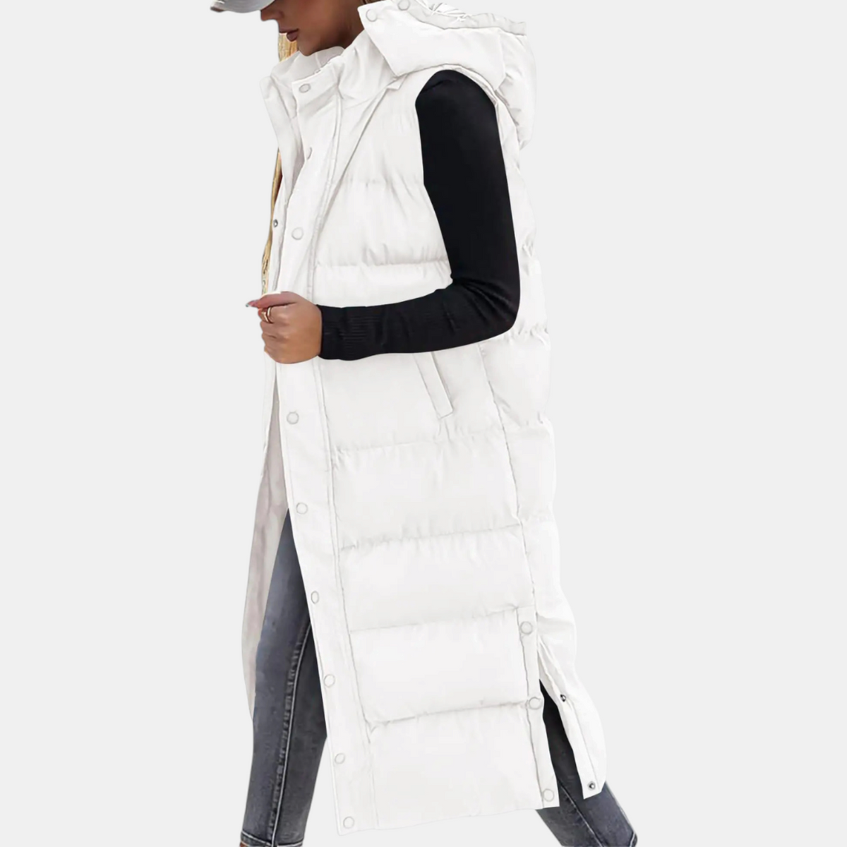 Laura - Women's Puffer Vest Quilted Hooded Maxi Length Button Down
