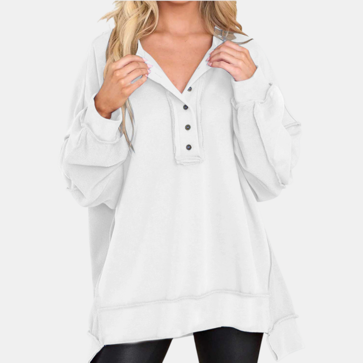 Women's Oversized Hoodie Button Placket Balloon Sleeve Sweatshirt