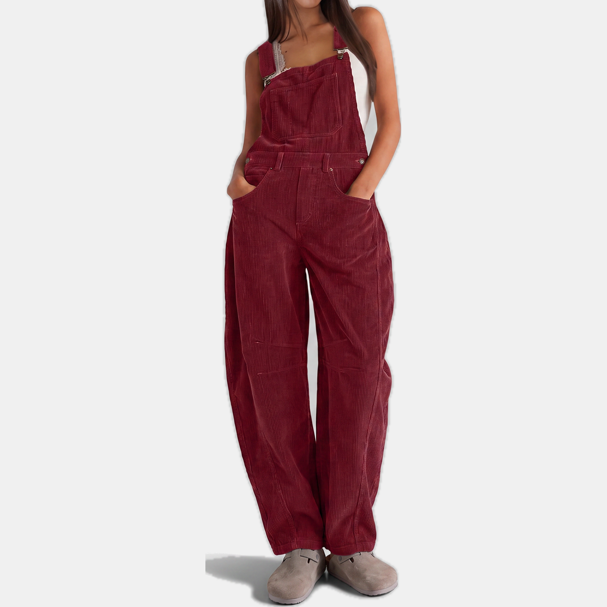 Women's Corduroy Wide Leg Bib Overalls with Buckle Straps