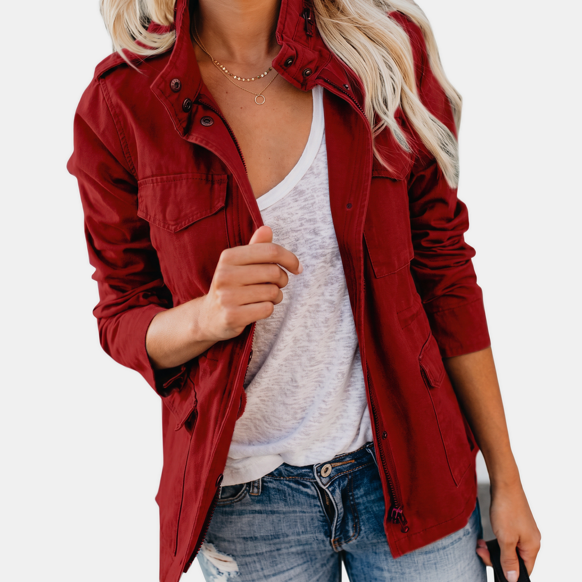 Women's Utility Field Jacket Snap Button Placket Drawstring Waist