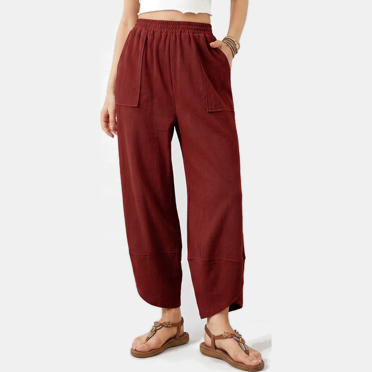 Women's Wide Leg Ribbed Knit Cropped Trousers with Patch Pockets