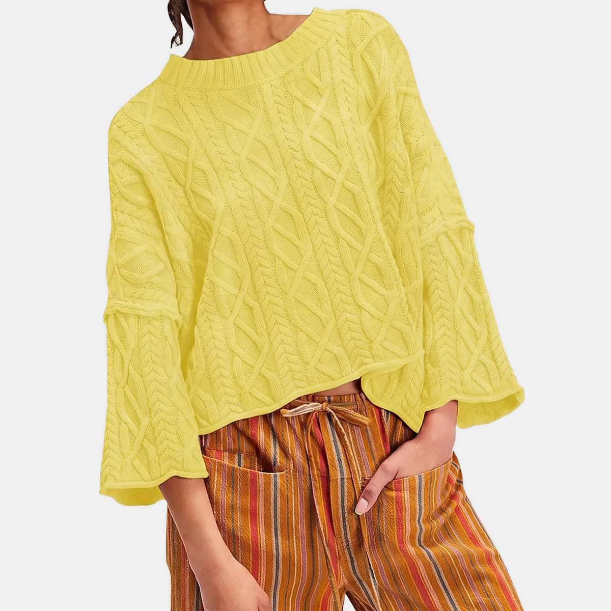 Women's Cable Knit Cropped Sweater Bell Sleeve Pullover