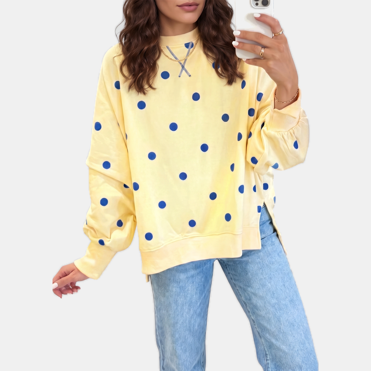 Women's Oversized Crewneck Polka Dot Bow Detail Sweatshirt