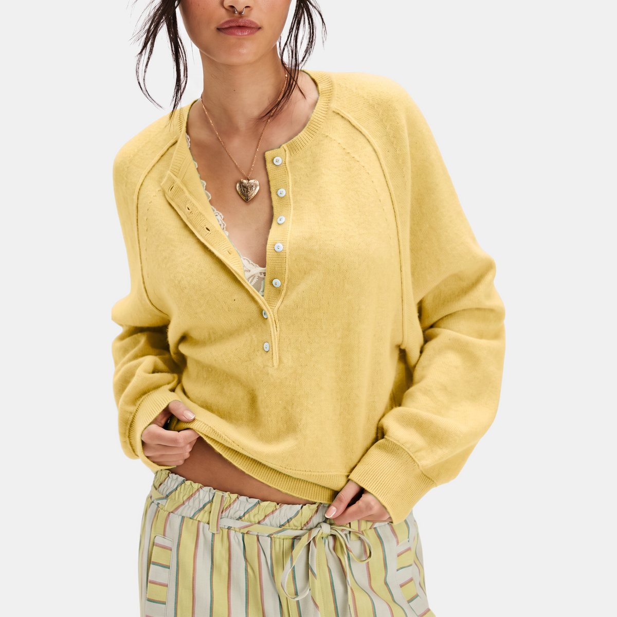 Women's Cropped Henley Button Placket Knit Sweater