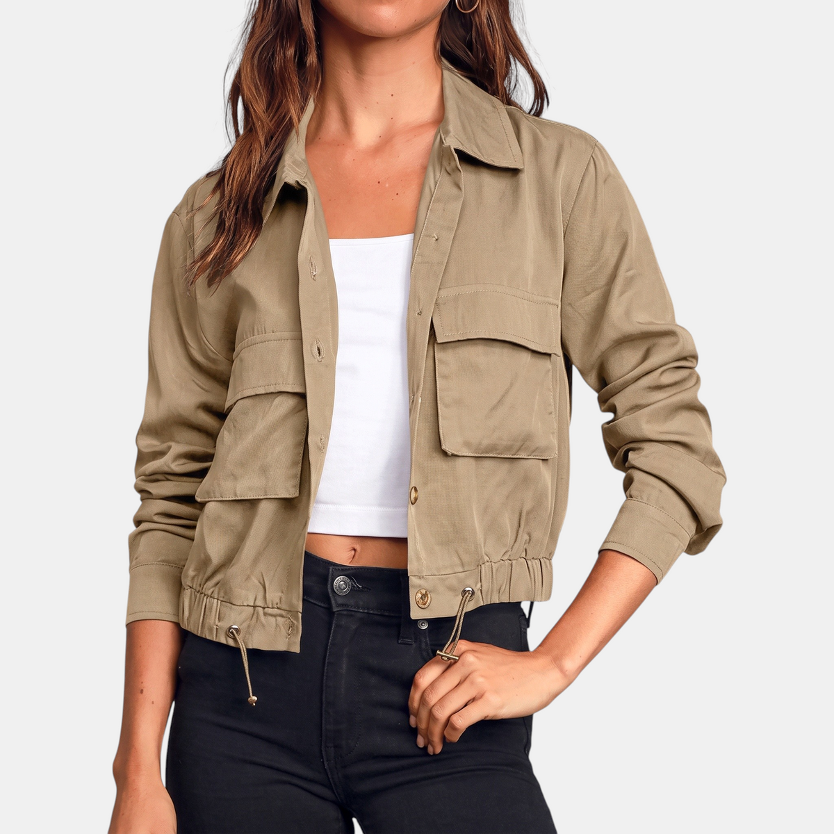 Women's Cropped Utility Windbreaker Jacket with Drawstring Hem