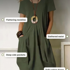 Kwani dress details: neckline, gathered waist, deep side pockets, soft cotton drape