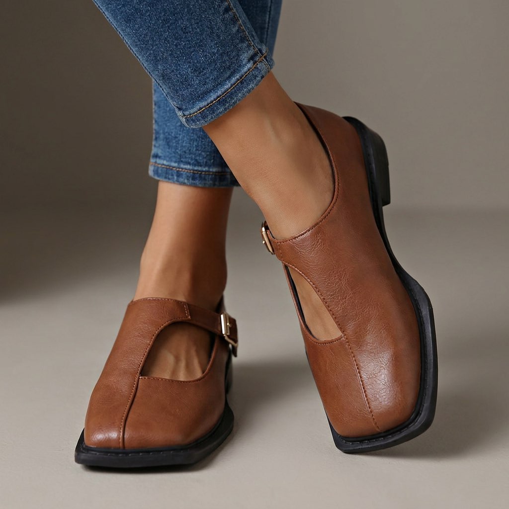 Rosalie light brown leather-look T-strap flats with a square toe.