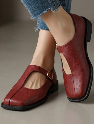 Rosalie red leather-look T-strap flats with a cushioned footbed and square toe design.