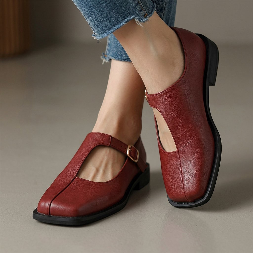 Rosalie red leather-look T-strap flats with a cushioned footbed and square toe design.