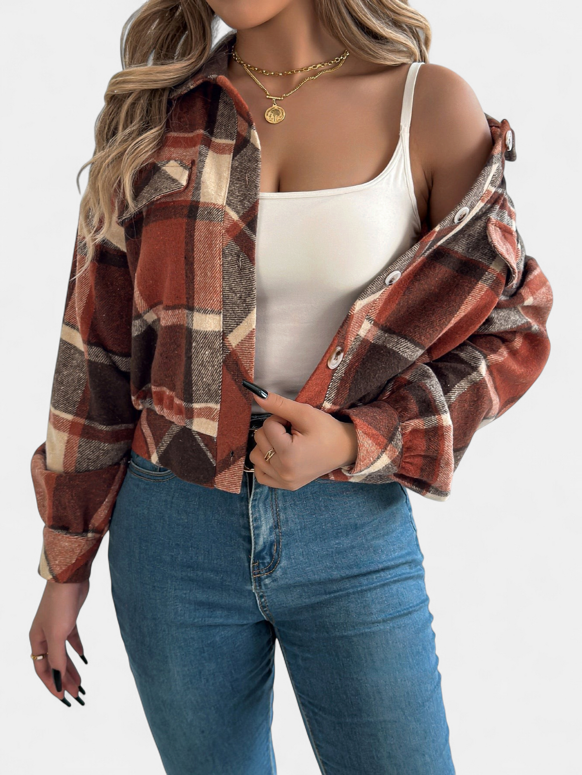 ZABEL | Casual Plaid Button Front Long Sleeve Jacket